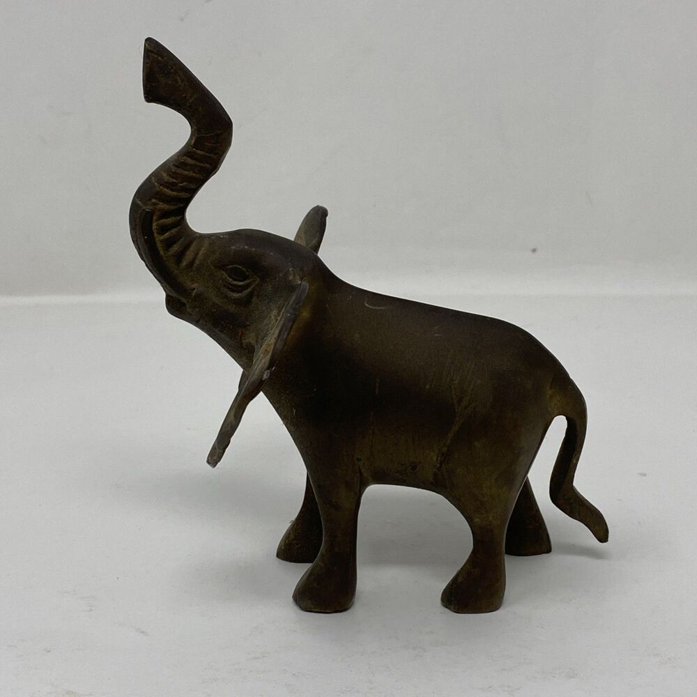 Vintage Brass Elephant Figurine 5.75" Lucky Trunk Up MCM Animal Statue